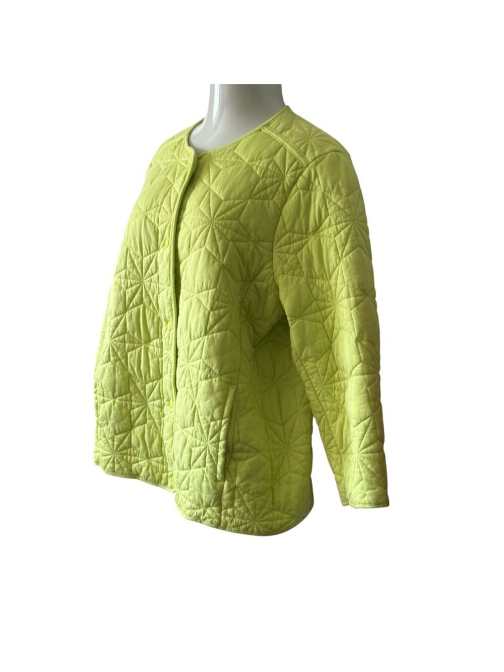 Lands End Womens XL Quilted Jacket Cotton Blend Snap Geometric Chartreuse Yellow - Picture 4 of 16
